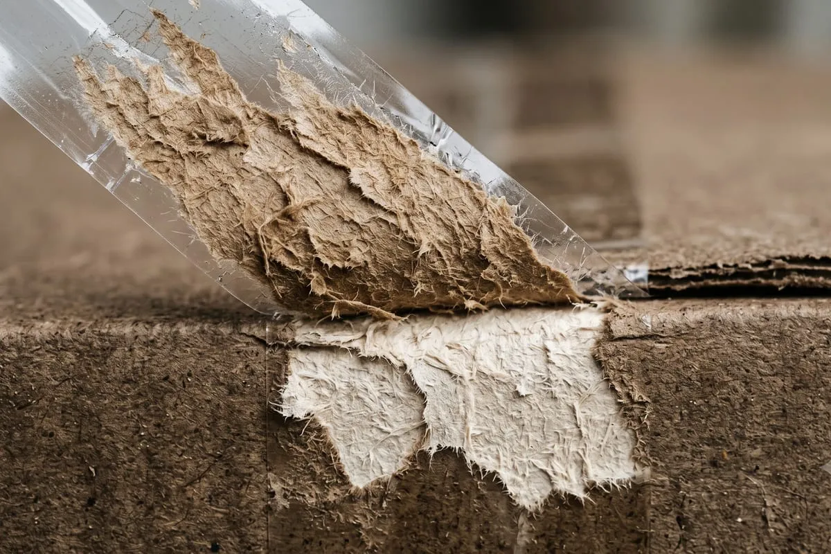 Fita transparente descolando de uma caixa e levando junto uma camada de fibra do papelão, que fica clara onde o papel foi arrancado