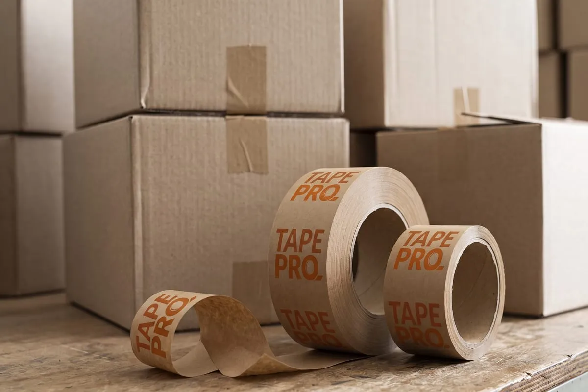 Rolos de fita gomada com a marca TapePro impressa em laranja, um cheio e um já pela metade, com caixas lacradas ao fundo